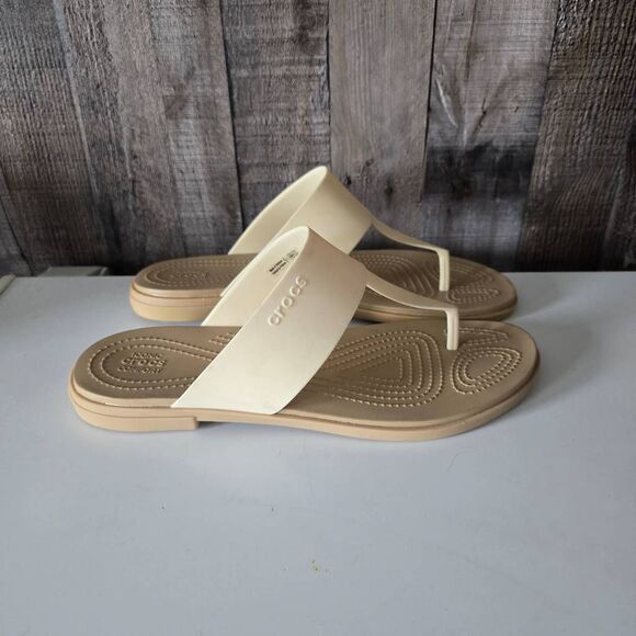 Crocs Tulum Creamy Beige Tan Waterproof Strappy Walking Beach Sandal Flip Flops - Picture 1 of 7